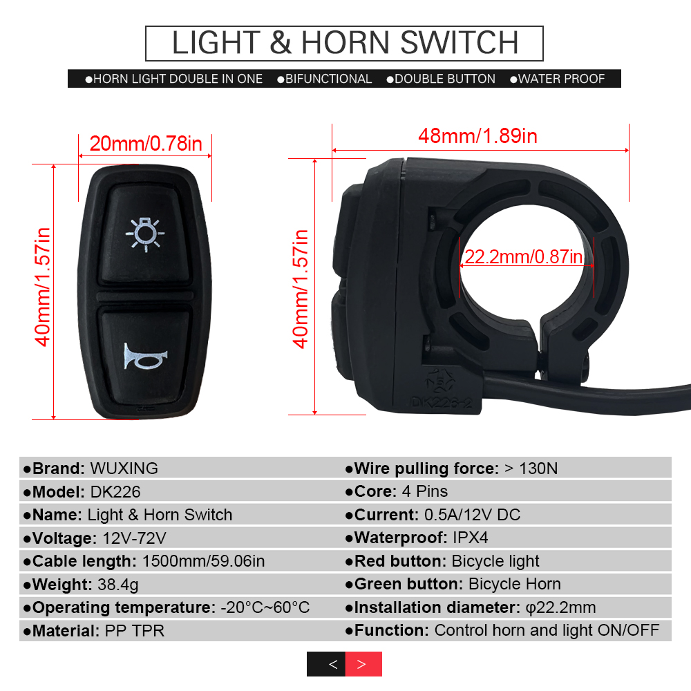 Bike Light Front Rear - Ebike Light and Horn Switch, Headlight,